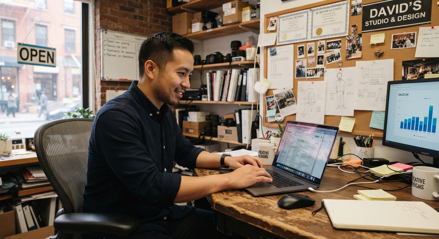Business owner building an AI agent on a laptop with the guide open
